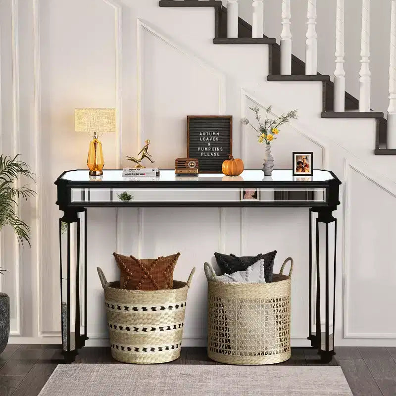 Mesa consola vintage Okak de 48 pulgadas con tallado de vetas de madera, mesa decorativa con superficie de espejo, mesa de pasillo para sala de estar, entrada