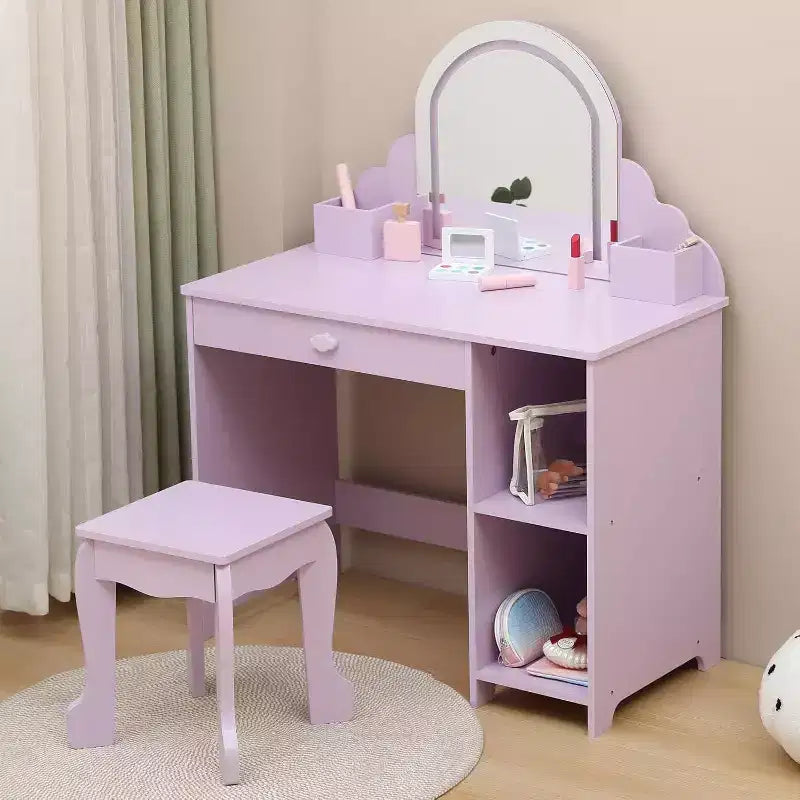 Acekool Tocador de juguete para niñas con espejo, taburete, cajón, estantes de almacenamiento, juego de mesa de maquillaje de princesa