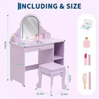 Acekool Tocador de juguete para niñas con espejo, taburete, cajón, estantes de almacenamiento, juego de mesa de maquillaje de princesa