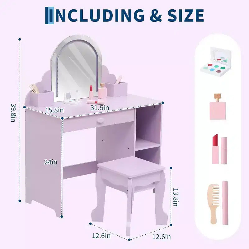 Acekool Tocador de juguete para niñas con espejo, taburete, cajón, estantes de almacenamiento, juego de mesa de maquillaje de princesa