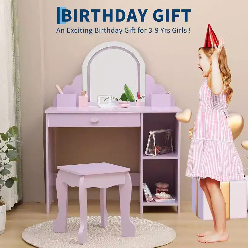 Acekool Tocador de juguete para niñas con espejo, taburete, cajón, estantes de almacenamiento, juego de mesa de maquillaje de princesa