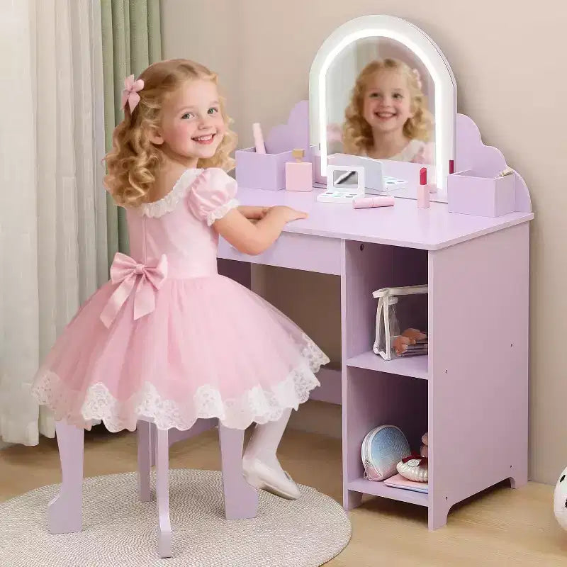 Acekool Tocador de juguete para niñas con espejo, taburete, cajón, estantes de almacenamiento, juego de mesa de maquillaje de princesa