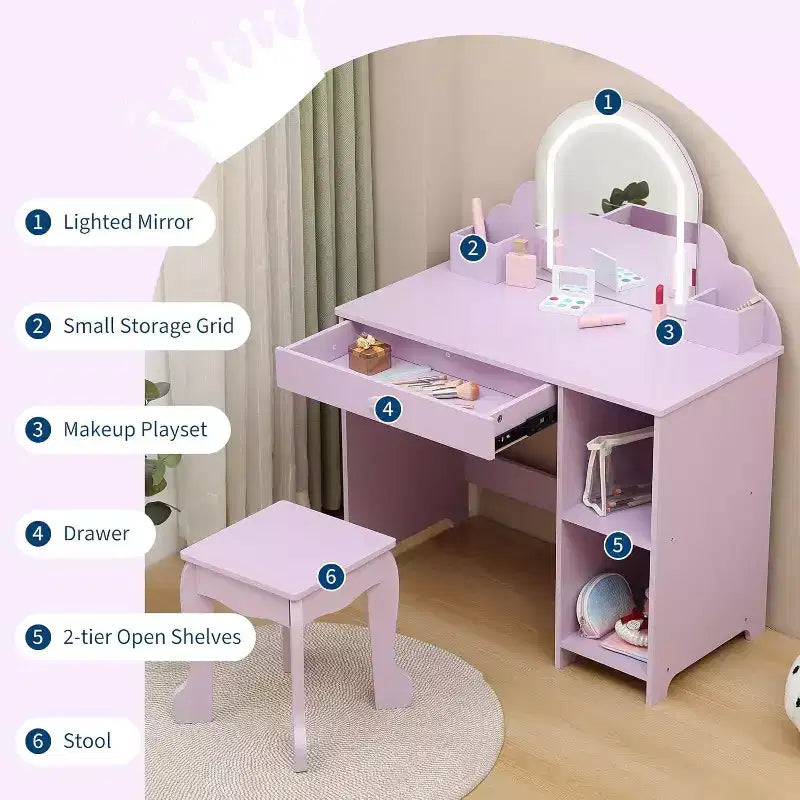 Acekool Tocador de juguete para niñas con espejo, taburete, cajón, estantes de almacenamiento, juego de mesa de maquillaje de princesa