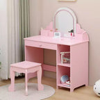 Acekool Tocador de juguete para niñas con espejo, taburete, cajón, estantes de almacenamiento, juego de mesa de maquillaje de princesa