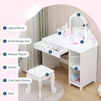Acekool Tocador de juguete para niñas con espejo, taburete, cajón, estantes de almacenamiento, juego de mesa de maquillaje de princesa