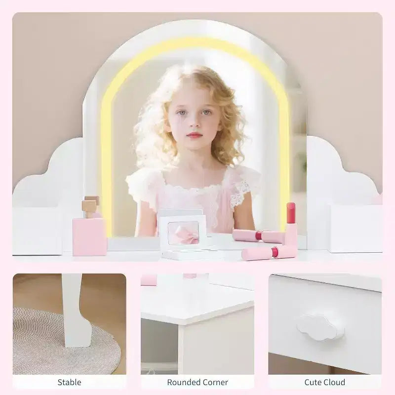 Acekool Tocador de juguete para niñas con espejo, taburete, cajón, estantes de almacenamiento, juego de mesa de maquillaje de princesa