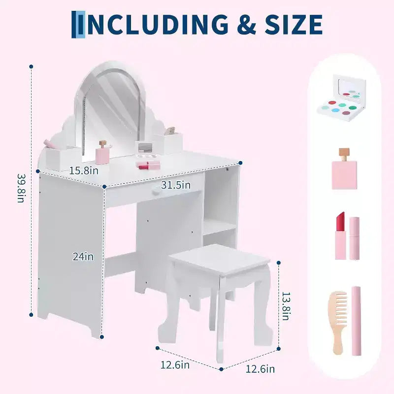 Acekool Tocador de juguete para niñas con espejo, taburete, cajón, estantes de almacenamiento, juego de mesa de maquillaje de princesa