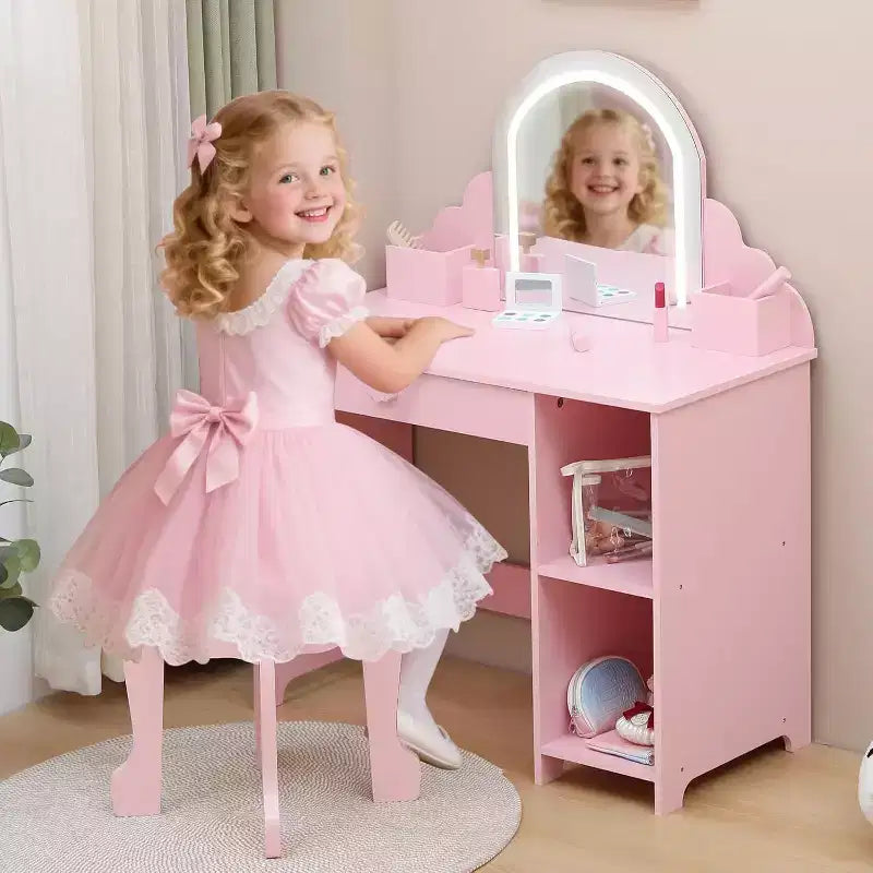 Acekool Tocador de juguete para niñas con espejo, taburete, cajón, estantes de almacenamiento, juego de mesa de maquillaje de princesa