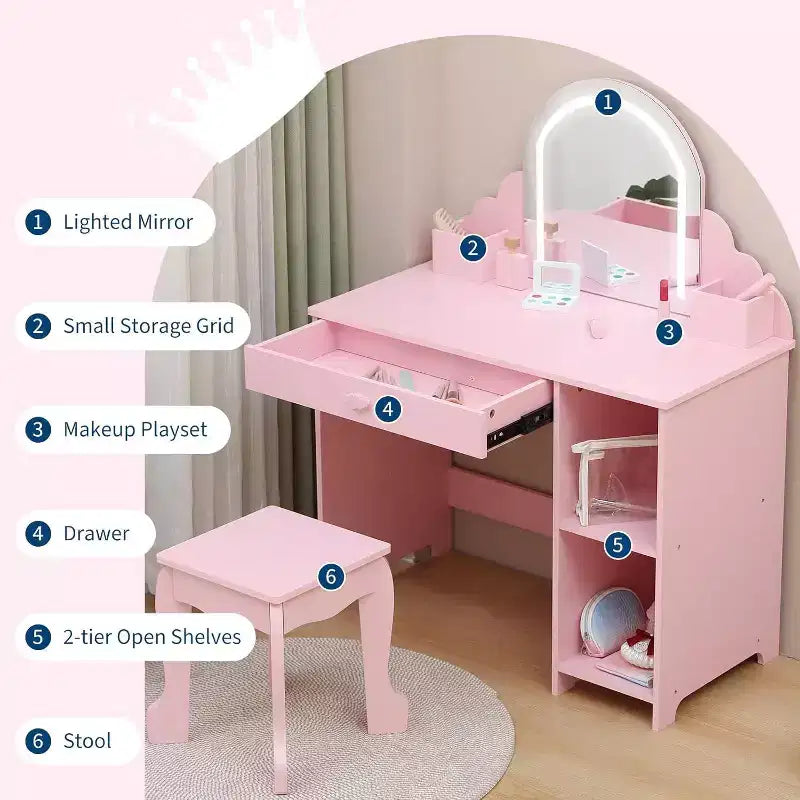 Acekool Tocador de juguete para niñas con espejo, taburete, cajón, estantes de almacenamiento, juego de mesa de maquillaje de princesa