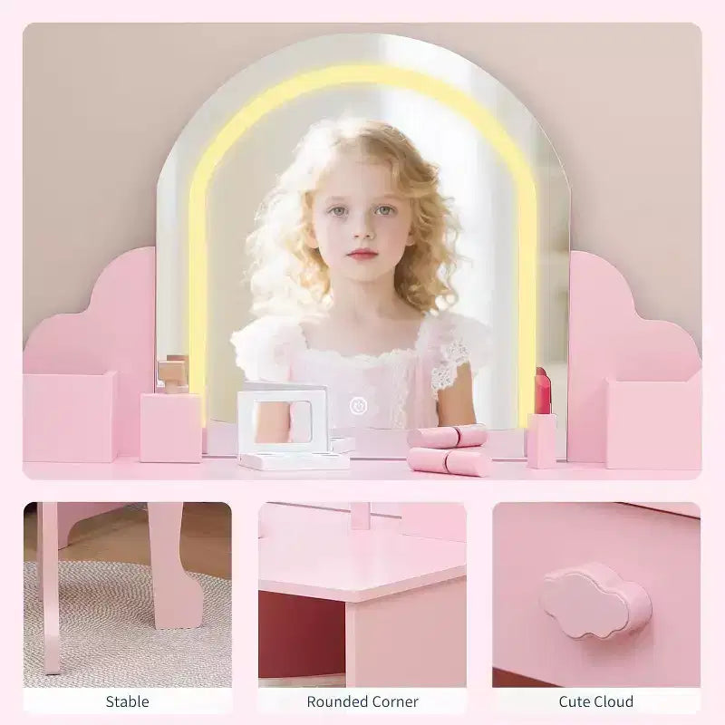 Acekool Tocador de juguete para niñas con espejo, taburete, cajón, estantes de almacenamiento, juego de mesa de maquillaje de princesa