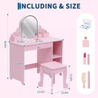 Acekool Tocador de juguete para niñas con espejo, taburete, cajón, estantes de almacenamiento, juego de mesa de maquillaje de princesa