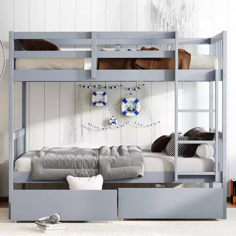Litera Okak de 77.3 pulgadas, doble sobre doble, con 2 cajones de almacenamiento, marco de cama multifunción convertible en 2 camas individuales para dormitorio, habitación infantil, gris