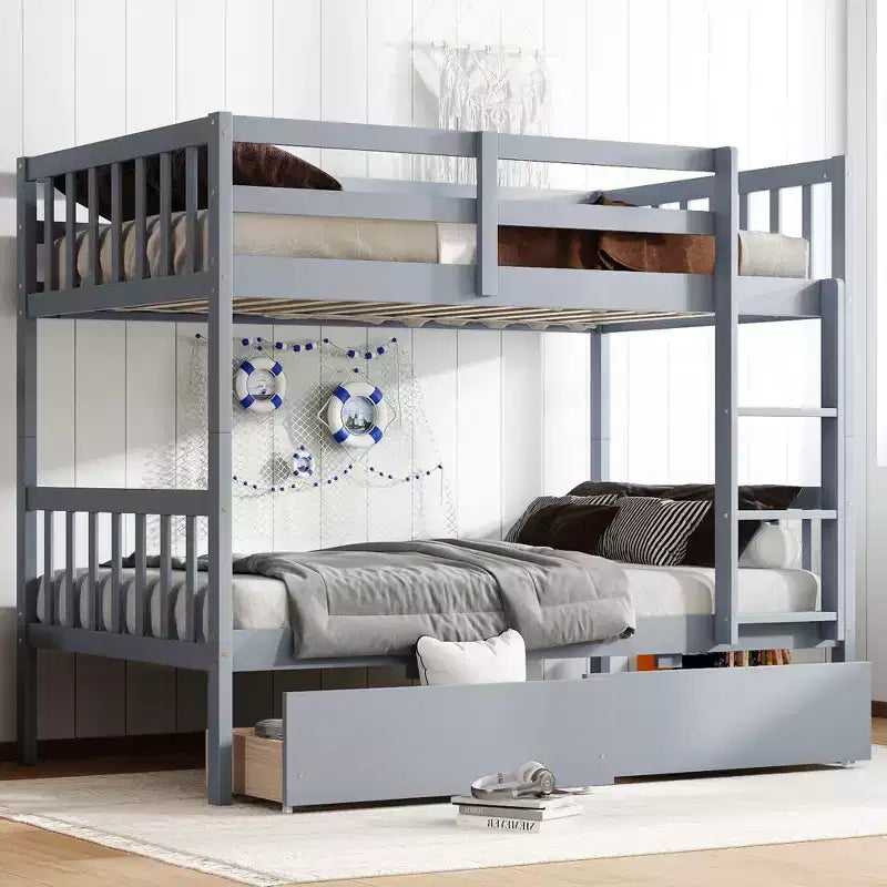 Litera Okak de 77.3 pulgadas, doble sobre doble, con 2 cajones de almacenamiento, marco de cama multifunción convertible en 2 camas individuales para dormitorio, habitación infantil, gris