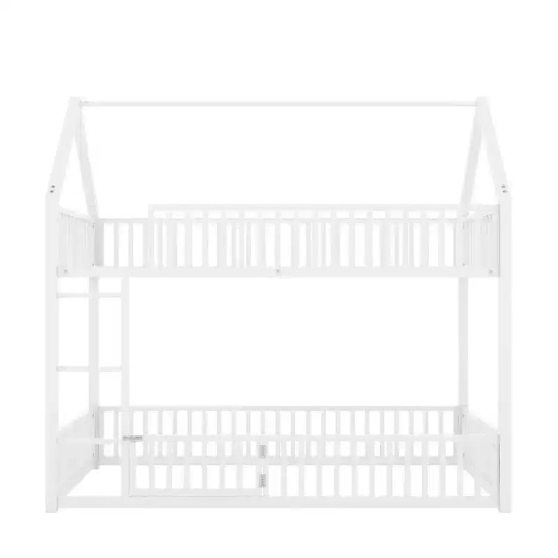 Litera metálica Okak 78IN doble sobre doble, armazones de cama con valla, puerta y barandilla de seguridad, literas infantiles para habitación infantil, dormitorio, blanco