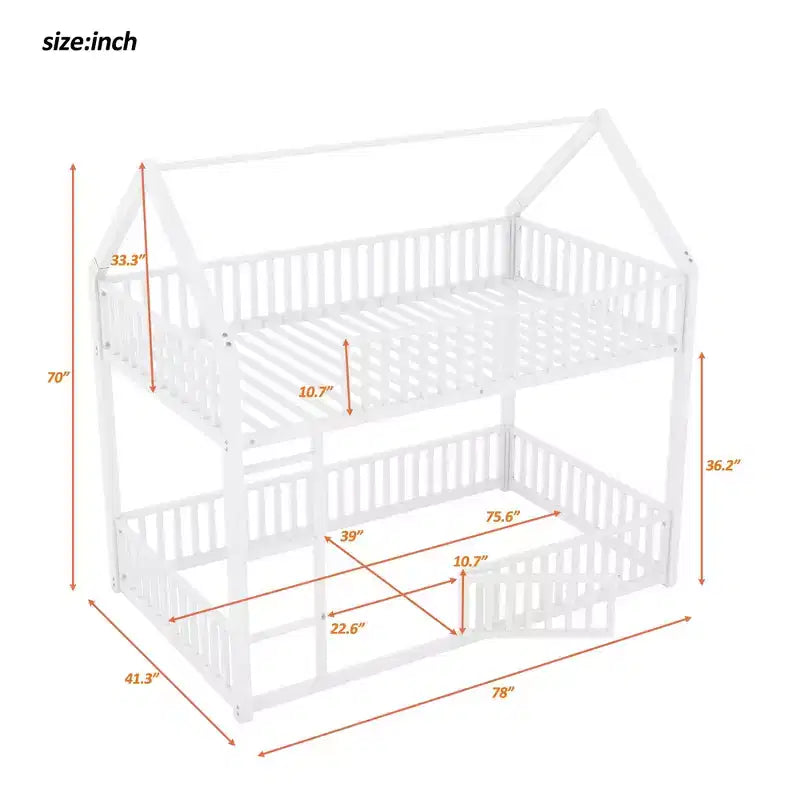 Litera metálica Okak 78IN doble sobre doble, armazones de cama con valla, puerta y barandilla de seguridad, literas infantiles para habitación infantil, dormitorio, blanco