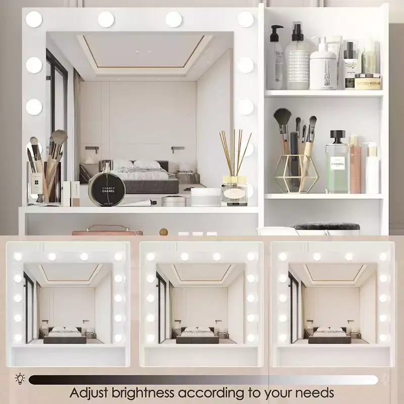 Tocador moderno Okak con espejo y luces LED ajustables, escritorio grande con tres niveles de almacenamiento, mesa de maquillaje para dormitorios