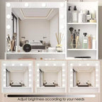 Tocador moderno Okak con espejo y luces LED ajustables, escritorio grande con tres niveles de almacenamiento, mesa de maquillaje para dormitorios