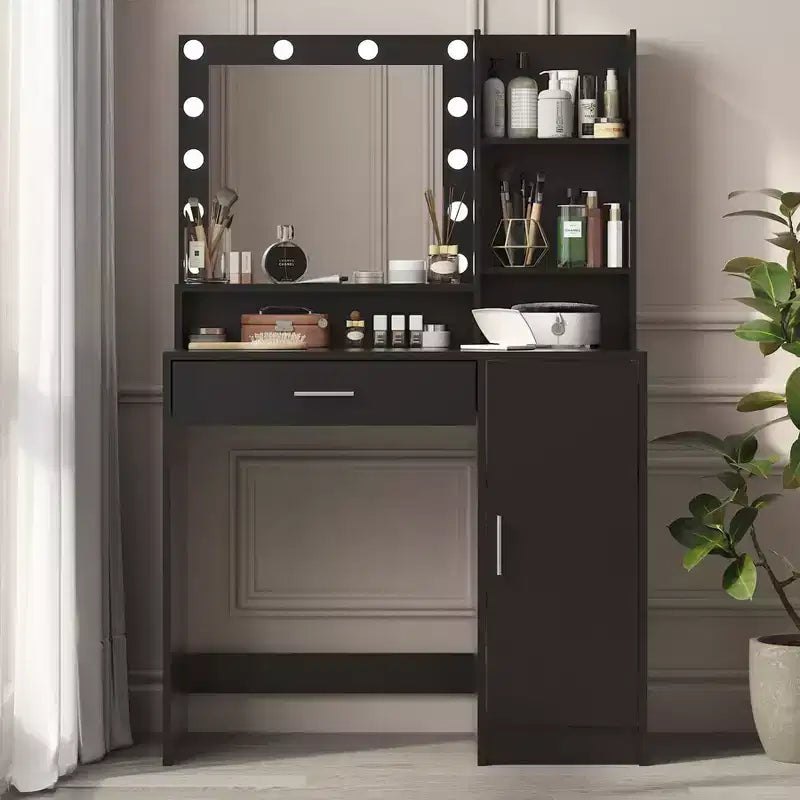 Tocador moderno Okak con espejo y luces LED ajustables, escritorio grande con tres niveles de almacenamiento, mesa de maquillaje para dormitorios