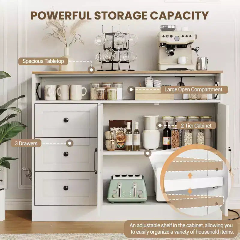 Aparador Buffet de 47" - Mesa de barra de café de madera con puertas de cierre suave y estante ajustable, Armario de despensa de café para cocina pequeña, Estudio