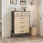 Cómoda de roble natural con 6 cajones, mueble de almacenamiento independiente (118.3 cm de alto) para dormitorio, sala de estar o entrada