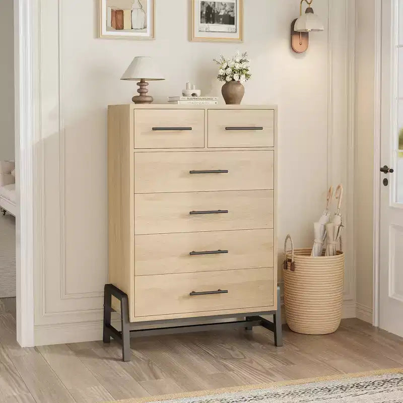 Cómoda de roble natural con 6 cajones, mueble de almacenamiento independiente (118.3 cm de alto) para dormitorio, sala de estar o entrada