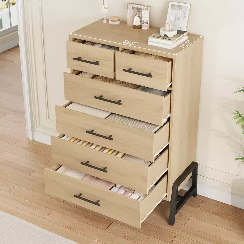 Cómoda de roble natural con 6 cajones, mueble de almacenamiento independiente (118.3 cm de alto) para dormitorio, sala de estar o entrada