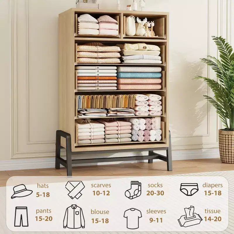 Cómoda de roble natural con 6 cajones, mueble de almacenamiento independiente (118.3 cm de alto) para dormitorio, sala de estar o entrada