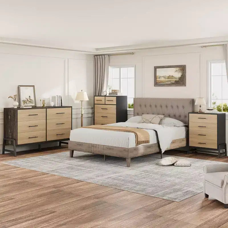 Cómoda de roble natural con 6 cajones, mueble de almacenamiento independiente (118.3 cm de alto) para dormitorio, sala de estar o entrada