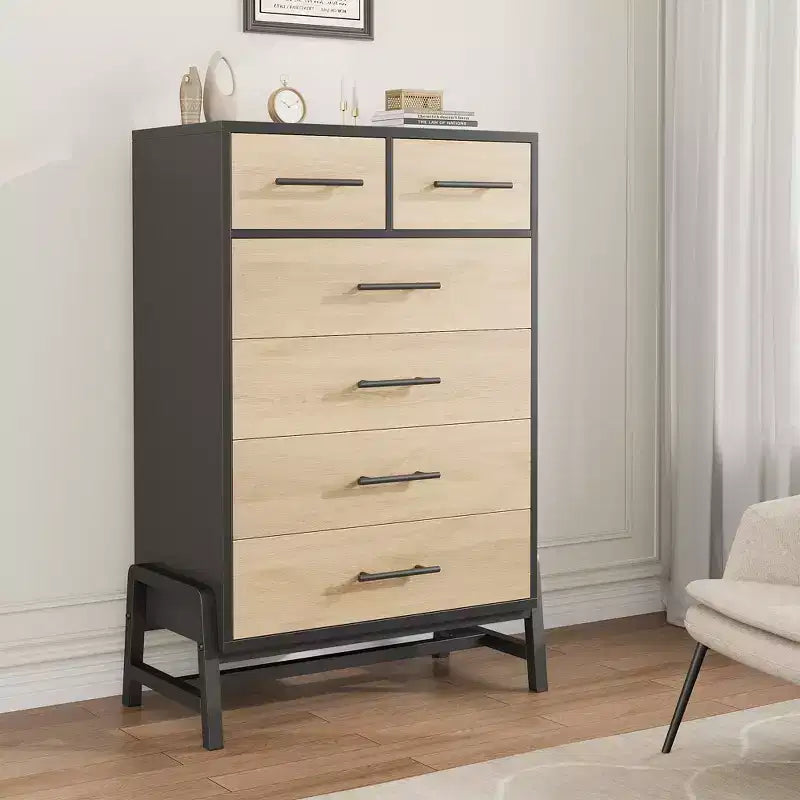Cómoda de roble natural con 6 cajones, mueble de almacenamiento independiente (118.3 cm de alto) para dormitorio, sala de estar o entrada
