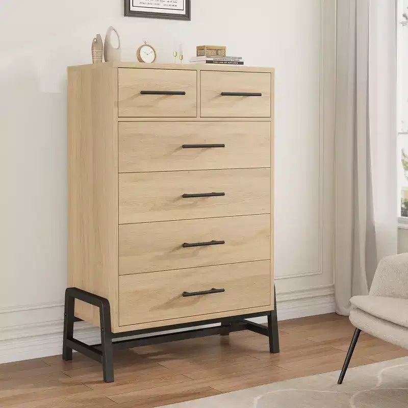 Cómoda de roble natural con 6 cajones, mueble de almacenamiento independiente (118.3 cm de alto) para dormitorio, sala de estar o entrada
