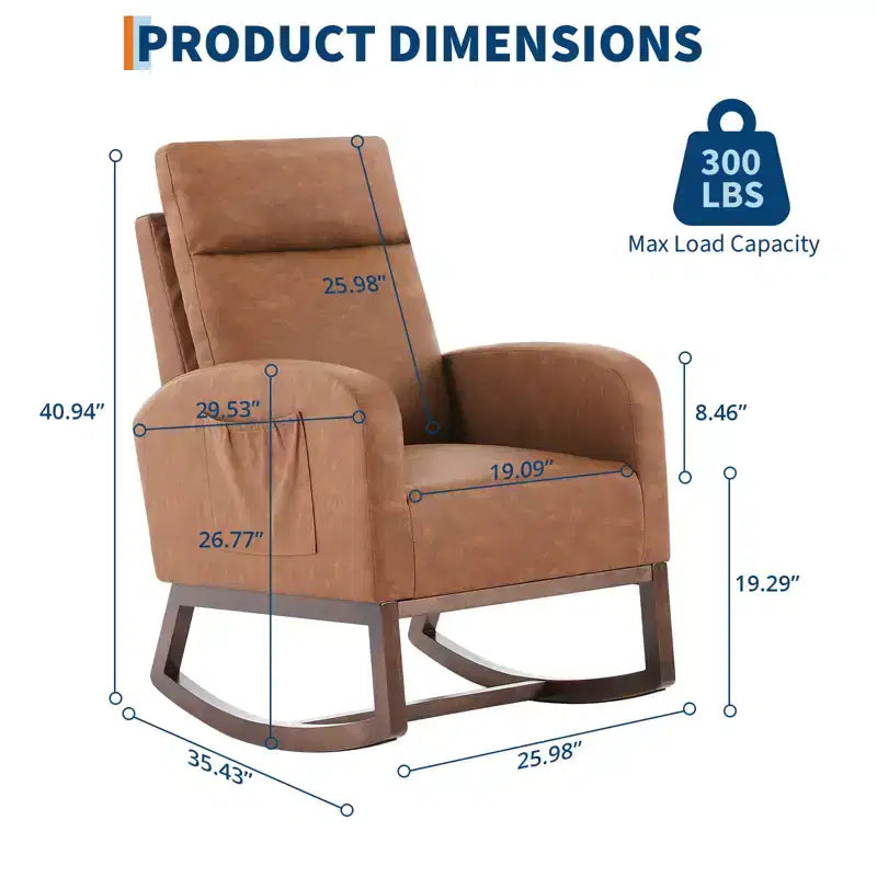 Mecedora tapizada COZONY con respaldo alto y patas de madera, cómoda mecedora de acento para guardería con bolsillo lateral para sala de estar