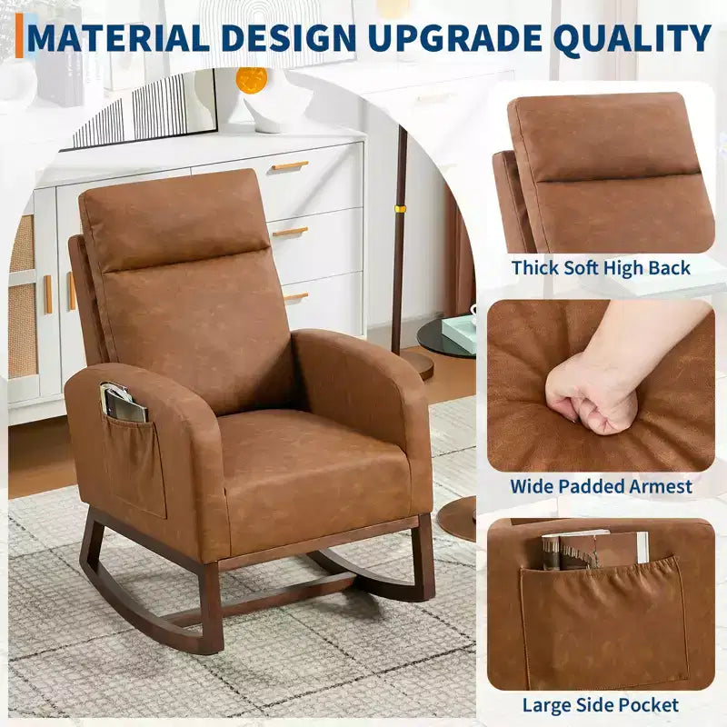 Mecedora tapizada COZONY con respaldo alto y patas de madera, cómoda mecedora de acento para guardería con bolsillo lateral para sala de estar