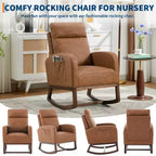 Mecedora tapizada COZONY con respaldo alto y patas de madera, cómoda mecedora de acento para guardería con bolsillo lateral para sala de estar