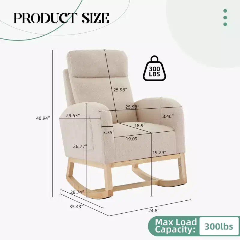Mecedora tapizada COZONY con respaldo alto y patas de madera, cómoda mecedora de acento para guardería con bolsillo lateral para sala de estar