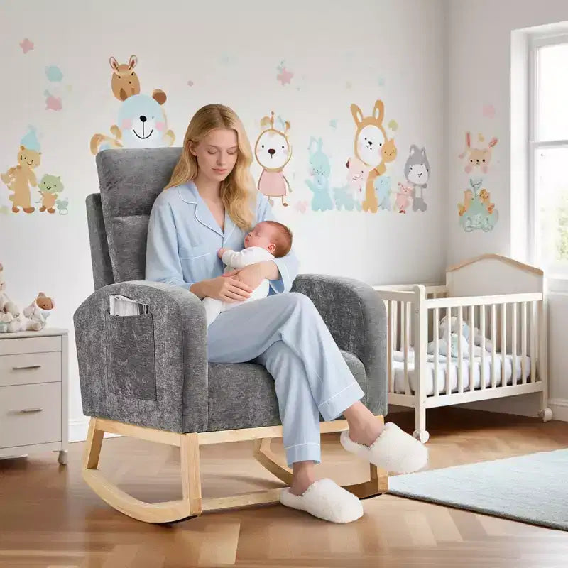 Mecedora tapizada COZONY con respaldo alto y patas de madera, cómoda mecedora de acento para guardería con bolsillo lateral para sala de estar