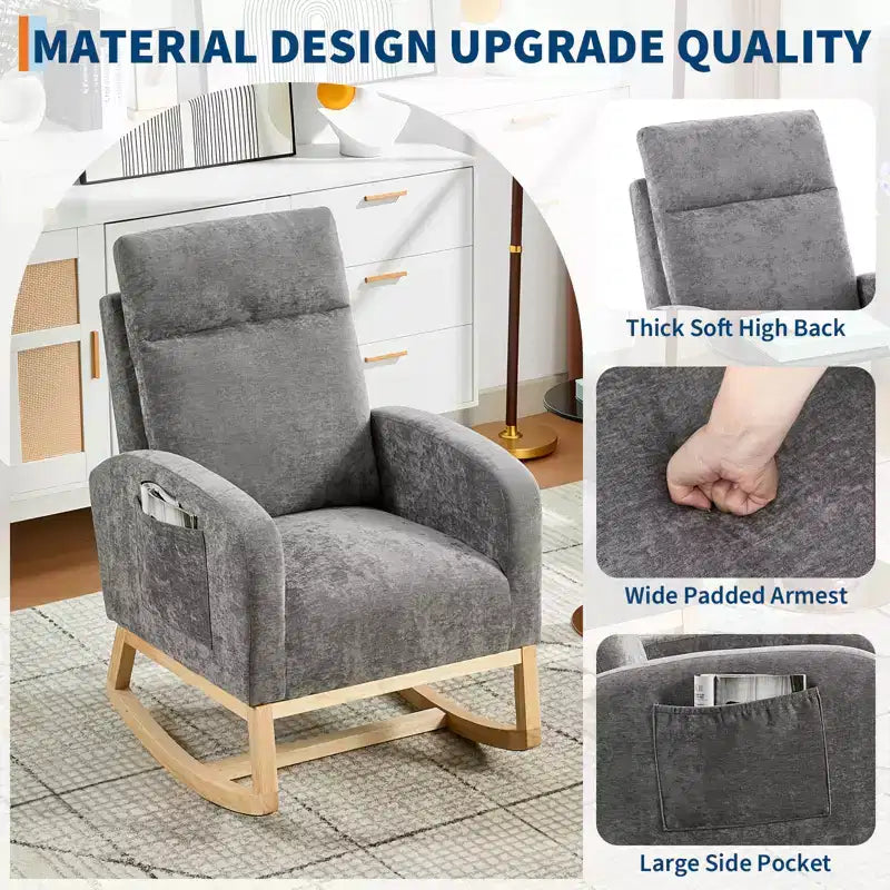 Mecedora tapizada COZONY con respaldo alto y patas de madera, cómoda mecedora de acento para guardería con bolsillo lateral para sala de estar