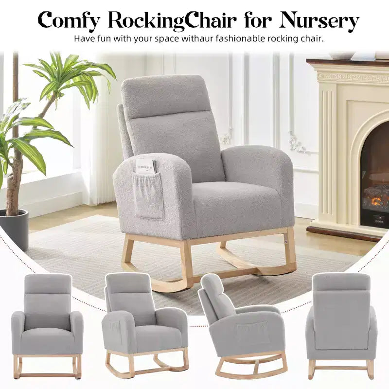 Mecedora tapizada COZONY con respaldo alto y patas de madera, cómoda mecedora de acento para guardería con bolsillo lateral para sala de estar