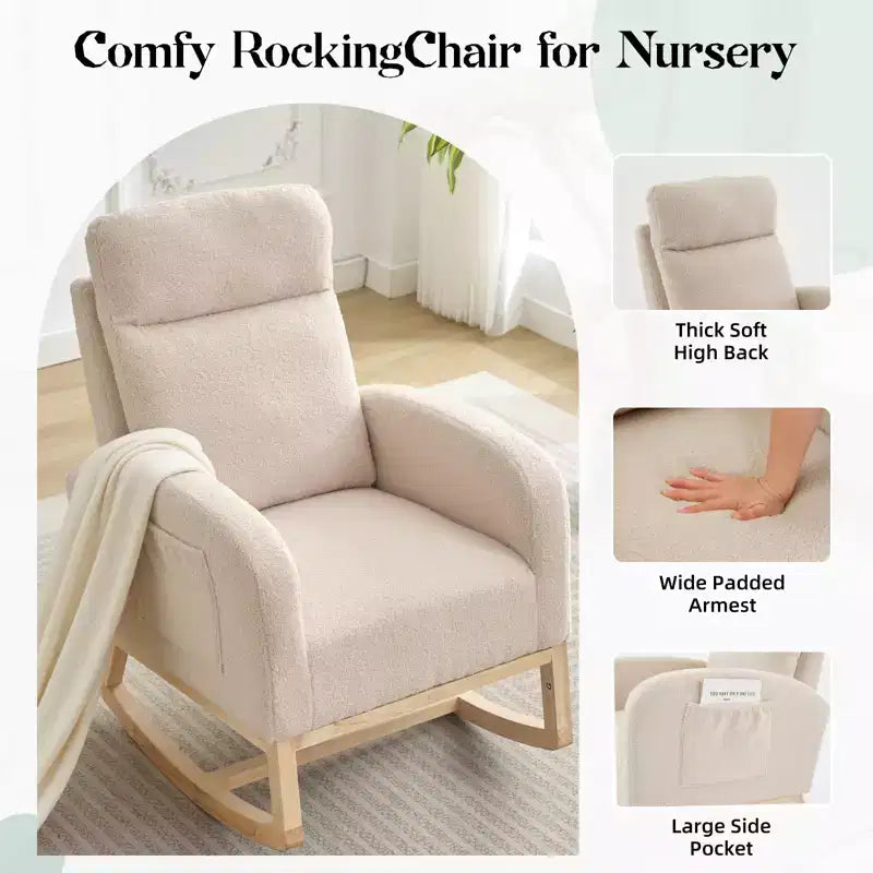 Mecedora tapizada COZONY con respaldo alto y patas de madera, cómoda mecedora de acento para guardería con bolsillo lateral para sala de estar