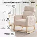 Mecedora tapizada COZONY con respaldo alto y patas de madera, cómoda mecedora de acento para guardería con bolsillo lateral para sala de estar