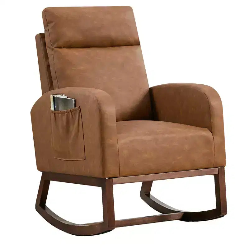 Mecedora tapizada COZONY con respaldo alto y patas de madera, cómoda mecedora de acento para guardería con bolsillo lateral para sala de estar