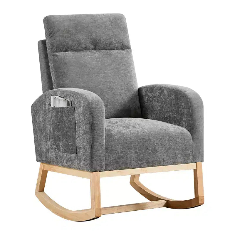 Mecedora tapizada COZONY con respaldo alto y patas de madera, cómoda mecedora de acento para guardería con bolsillo lateral para sala de estar