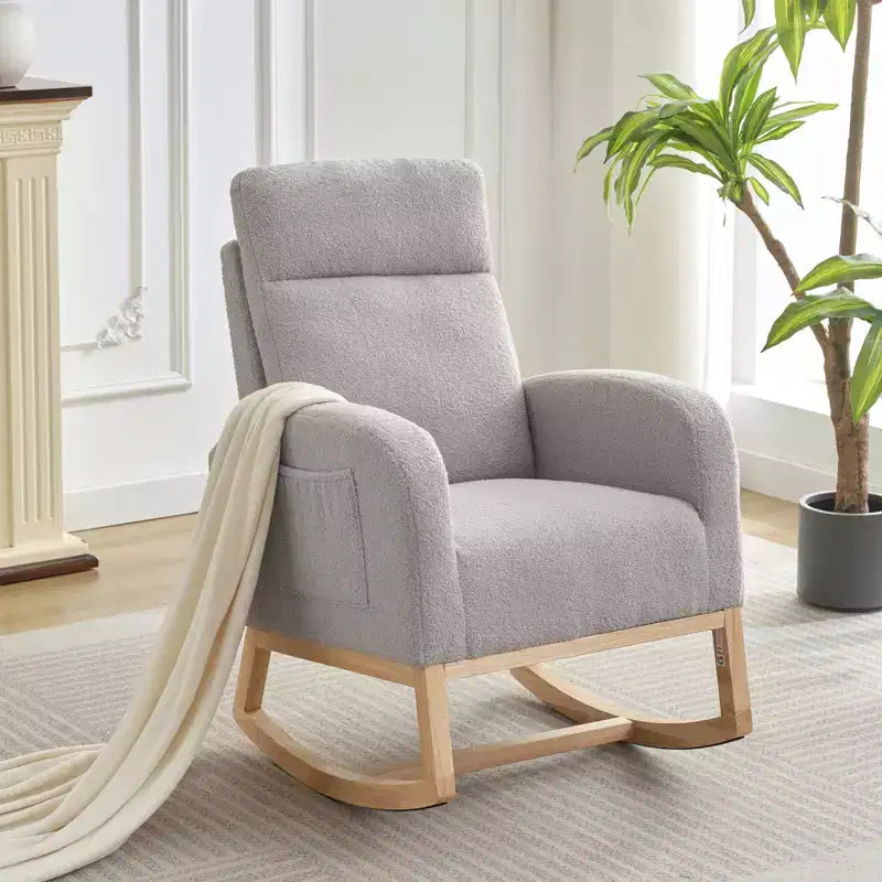 Mecedora tapizada COZONY con respaldo alto y patas de madera, cómoda mecedora de acento para guardería con bolsillo lateral para sala de estar