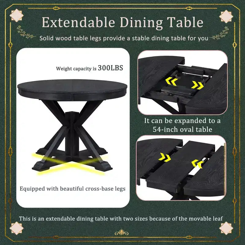 Mesa de comedor extensible retro Okak de 54 pulgadas, mesa plegable con hoja de 12 pulgadas, mesa redonda para comedor, sala de estar, cocina