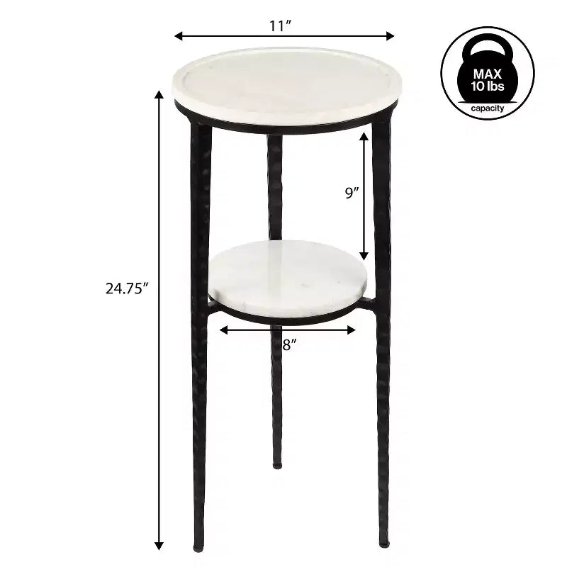 JONATHAN Y Seraphina 24.75 Mesa auxiliar decorativa y mesa de bebidas industrial de 2 niveles con estructura metálica y superficie redonda de mármol blanco