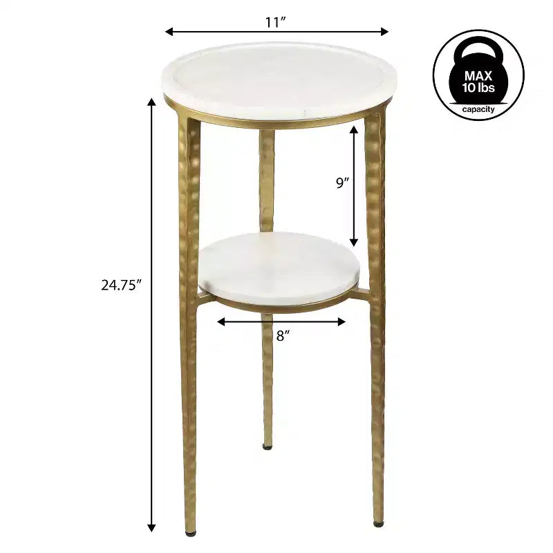 JONATHAN Y Seraphina 24.75 Mesa auxiliar decorativa y mesa de bebidas industrial de 2 niveles con estructura metálica y superficie redonda de mármol blanco