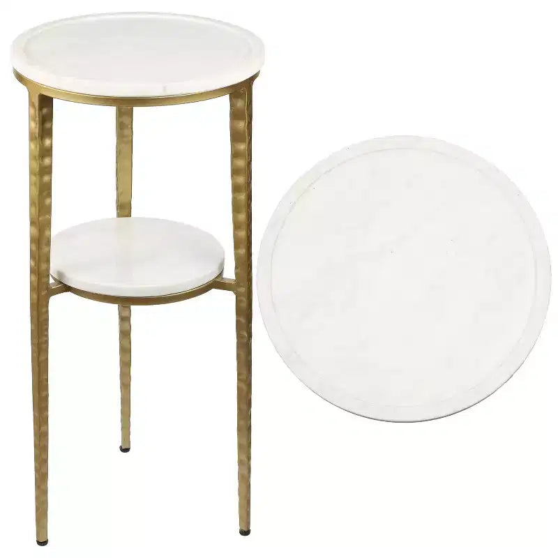 JONATHAN Y Seraphina 24.75 Mesa auxiliar decorativa y mesa de bebidas industrial de 2 niveles con estructura metálica y superficie redonda de mármol blanco