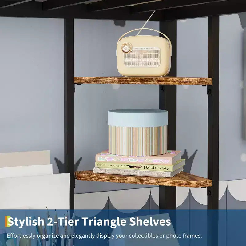 Cama alta individual con escritorio grande y estanterías de almacenamiento de 2 niveles, cama alta de metal resistente con escalera y barandilla para niños y adultos