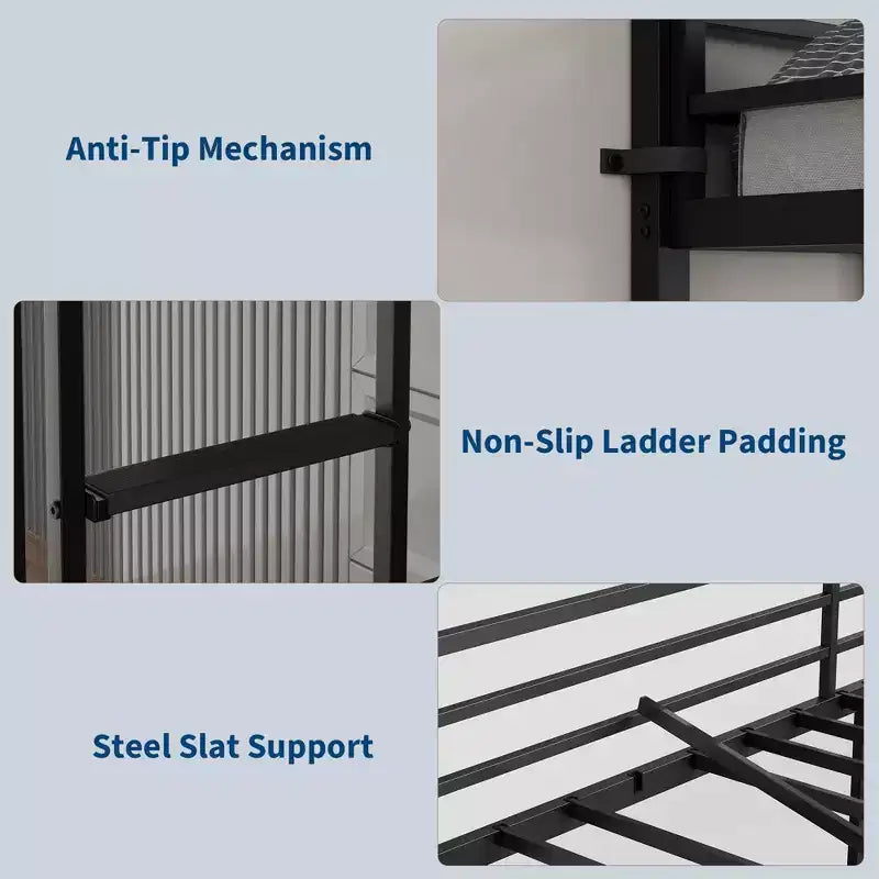 Cama alta individual con escritorio grande y estanterías de almacenamiento de 2 niveles, cama alta de metal resistente con escalera y barandilla para niños y adultos