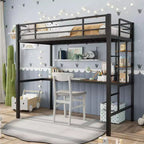Loft Bed Twin Size with Large Desk and 2-Tier Storage Shelves, Heavy Duty Metal Loft Bed with Ladder and Guardrail for Kids and Adults