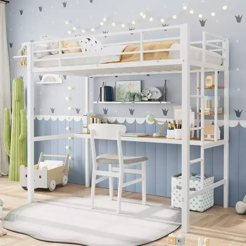 Cama alta individual con escritorio grande y estanterías de almacenamiento de 2 niveles, cama alta de metal resistente con escalera y barandilla para niños y adultos